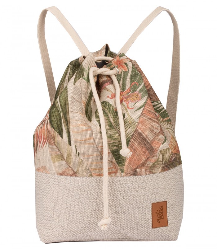 Materiałowy plecak-worek, kolor kremowy w liście